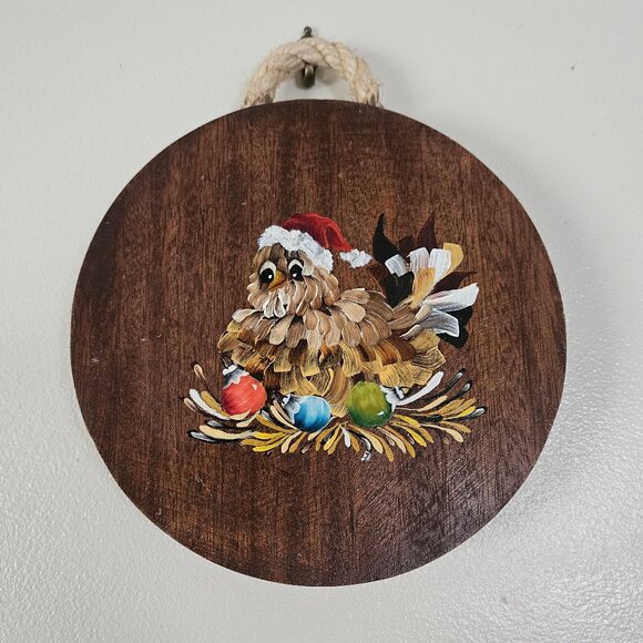 Vintage Other - Vintage‎ 70s 80s Handpainted Christmas Chicken Egg Wooden Wall Art Plaque 8"